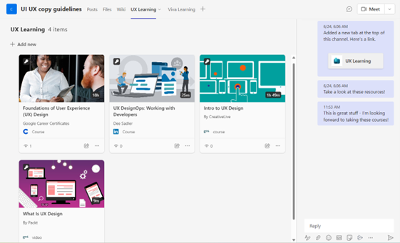 Screenshot della scheda Viva Learning learning in un canale di Teams.