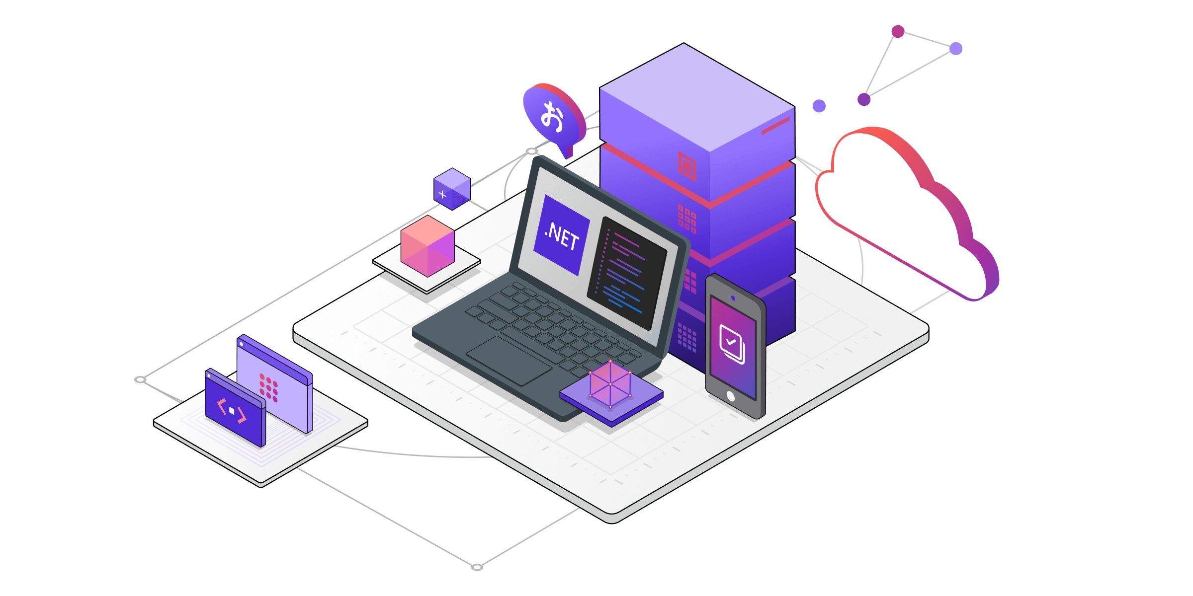 Illustrazione isometrica dei componenti tecnici per i servizi .NET.