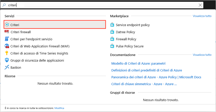 Screenshot of the general Azure portal search box with a result that shows the Azure Policy service.