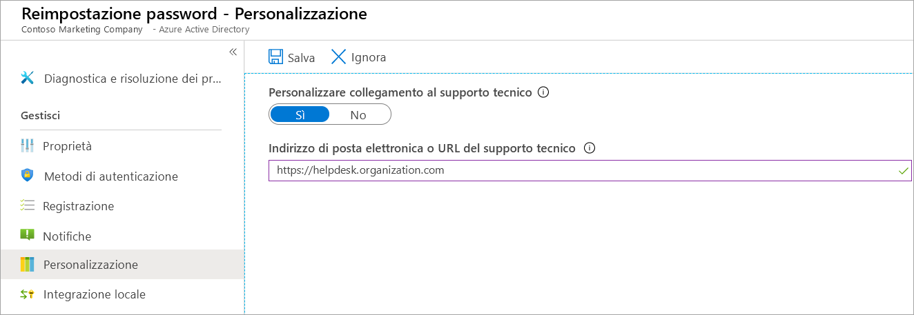 Screenshot dell'opzione Personalizzazione del pannello Reimpostazione password selezionata che mostra il pannello con le opzioni per l'help desk.