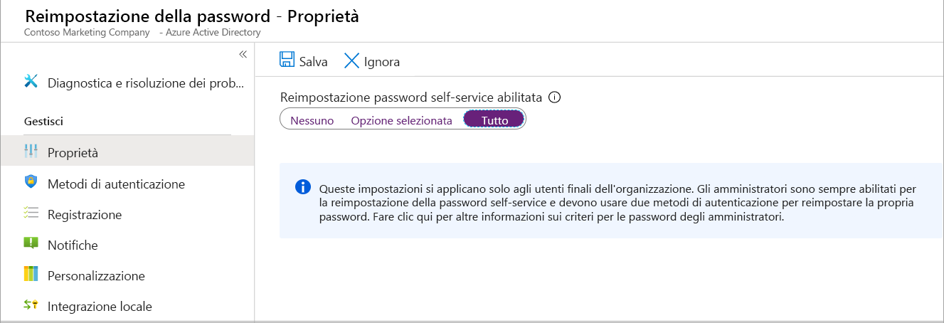 Screenshot del pannello di configurazione per la reimpostazione della password. L'opzione Proprietà è selezionata e consente all'utente di abilitare le reimpostazioni della password self-service.