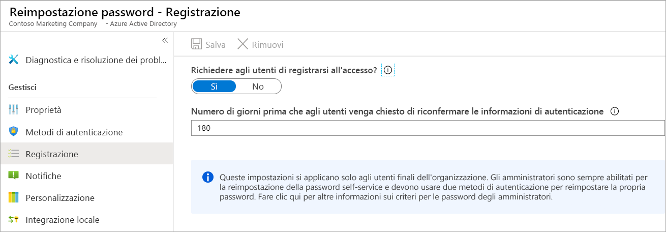 Screenshot dell'opzione Registrazione del pannello Reimpostazione password selezionata che mostra il pannello con le opzioni di registrazione.