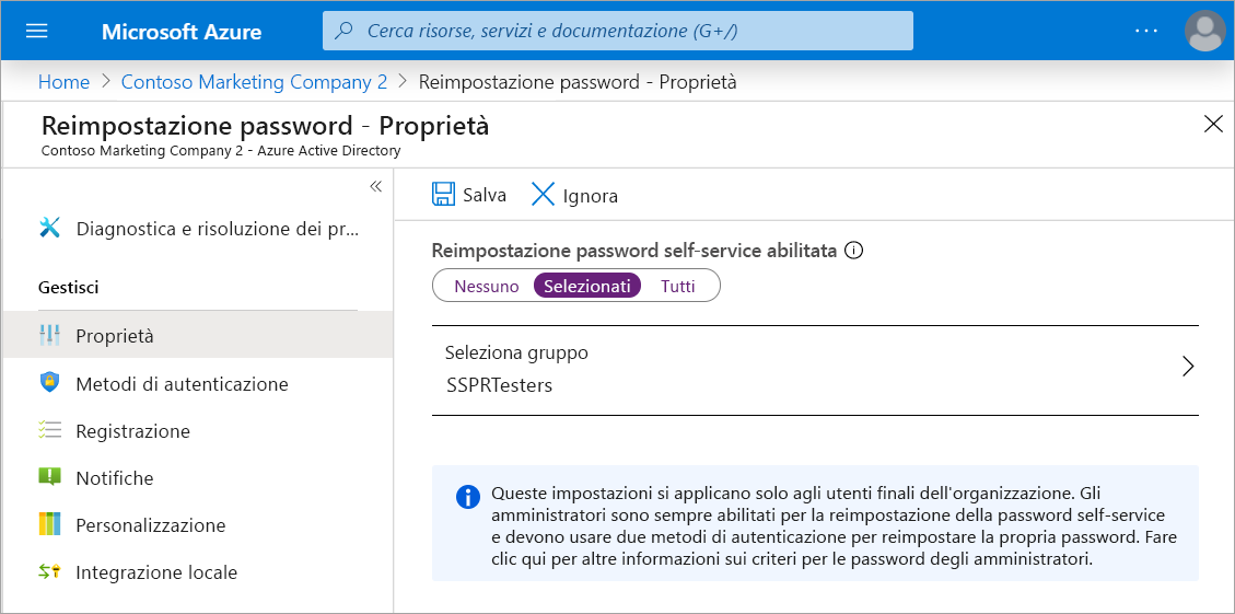 Screenshot del pannello delle proprietà Reimpostazione password con la reimpostazione della password self-service abilitata e il gruppo selezionato impostato su SSPRTesters.