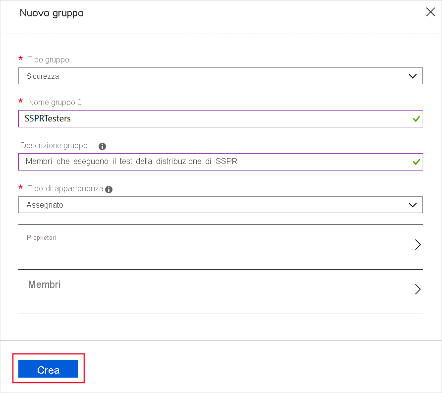 Screenshot che mostra il modulo compilato del nuovo gruppo e il pulsante Crea evidenziato.