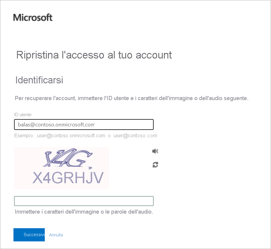 Screenshot che mostra la finestra di dialogo di reimpostazione della password.