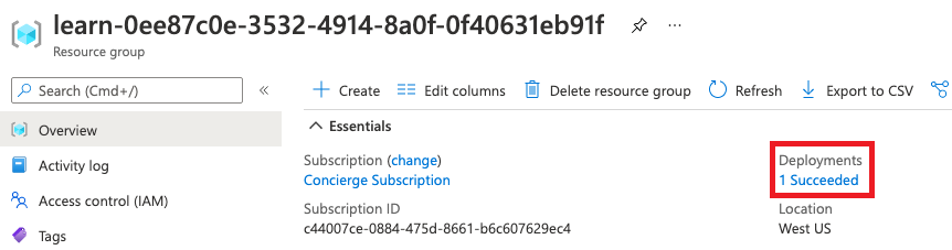 Screenshot dell'interfaccia del portale di Azure per la panoramica del gruppo di risorse con la sezione delle distribuzioni che mostra una distribuzione completata.