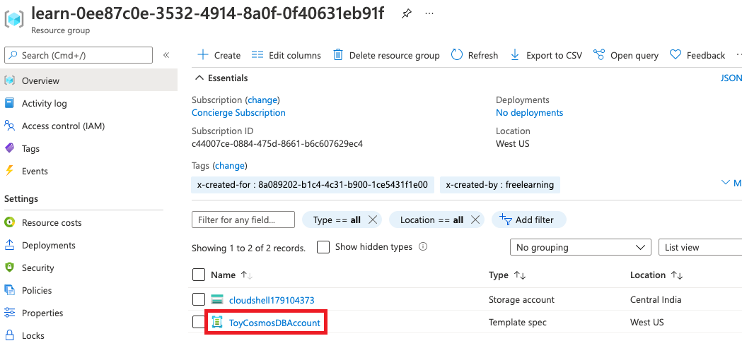 Screenshot dell'interfaccia del portale di Azure per la panoramica del gruppo di risorse, con la specifica di modello inclusa nell'elenco delle risorse.