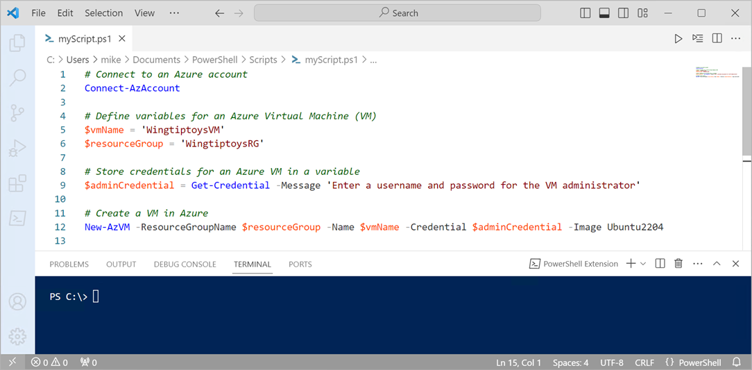 Screenshot di VS Code con uno script di PowerShell per creare una macchina virtuale in Azure.