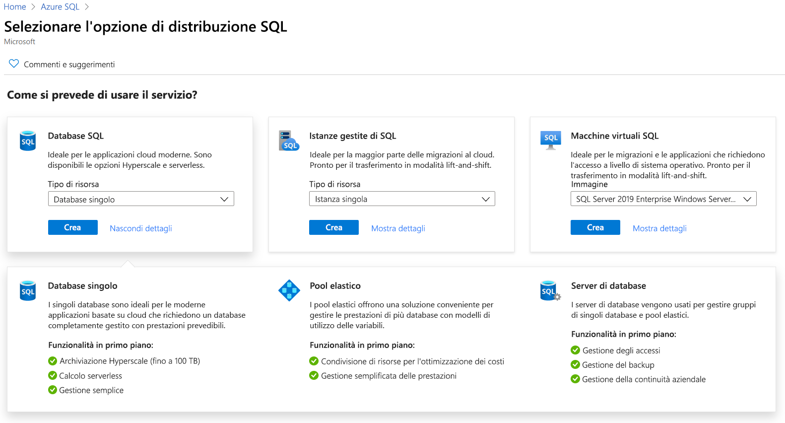 Screenshot that shows the Azure SQL deployment options in the Azure portal.