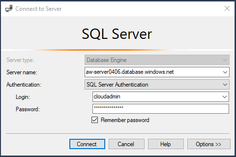 Screenshot della finestra di dialogo di connessione per il database SQL in SSMS.