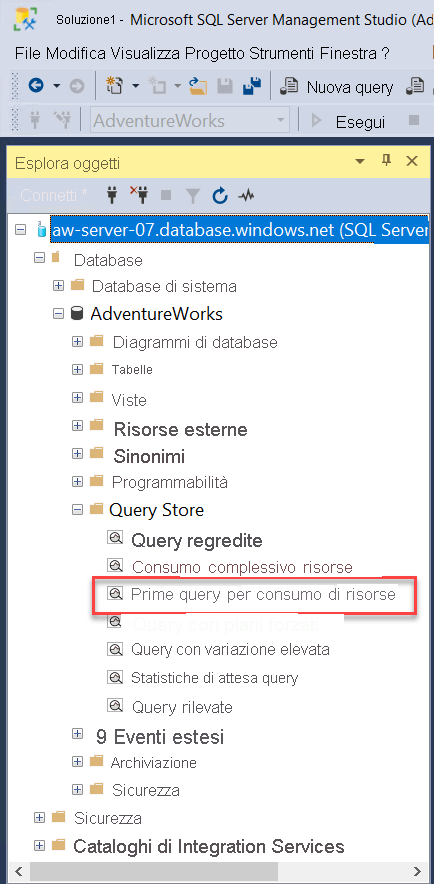 Screenshot che mostra il Query Store.