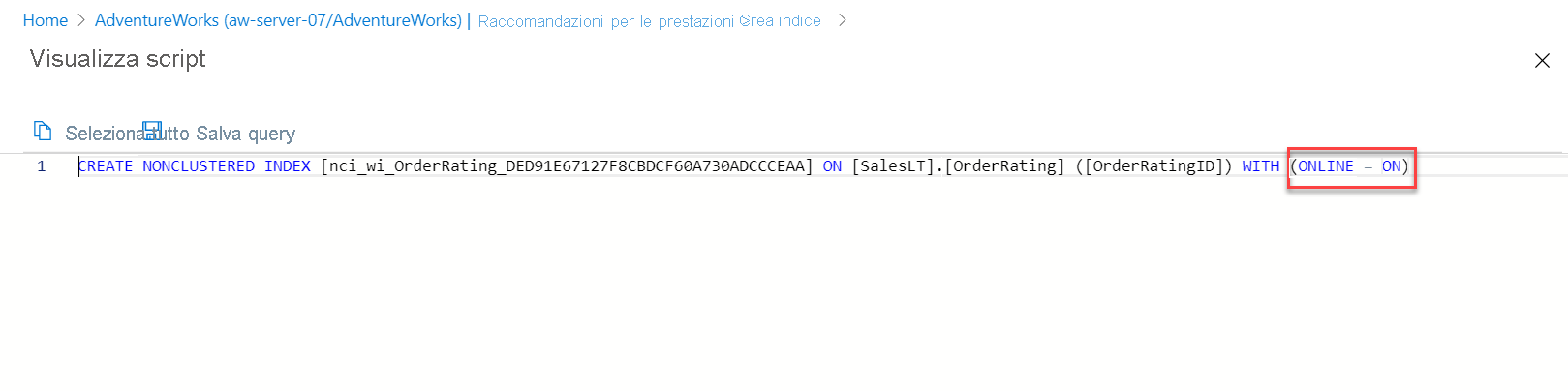 Screenshot che mostra lo script di raccomandazione dell'indice.