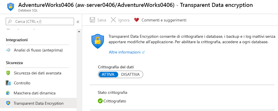 Screenshot of confirming TDE is on in the Azure portal.