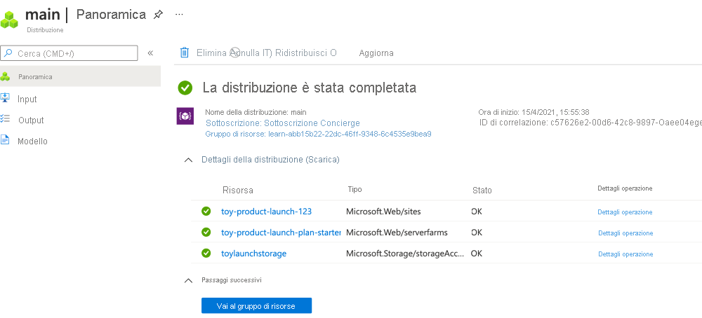 Screenshot dell'interfaccia del portale di Azure per la distribuzione specifica in cui sono elencati l'account di archiviazione e le risorse del servizio app.