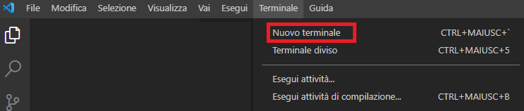 Screenshot che mostra la selezione del nuovo terminale in Visual Studio Code.