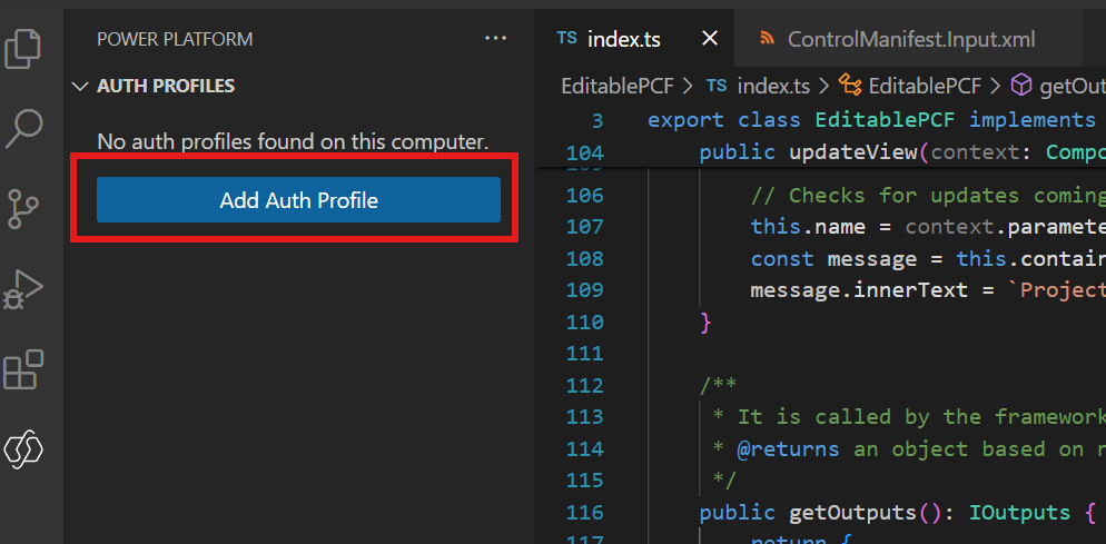 Screenshot di VSCode e del pulsante Aggiungi il profilo di autenticazione quando si fa clic sull'icona Power Platform nel menu di spostamento a sinistra.