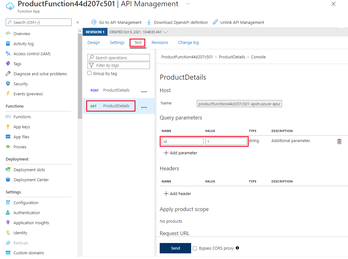 Screenshot che mostra la console ProductDetails con i valori dei parametri di query evidenziati per la richiesta HTTP GET.