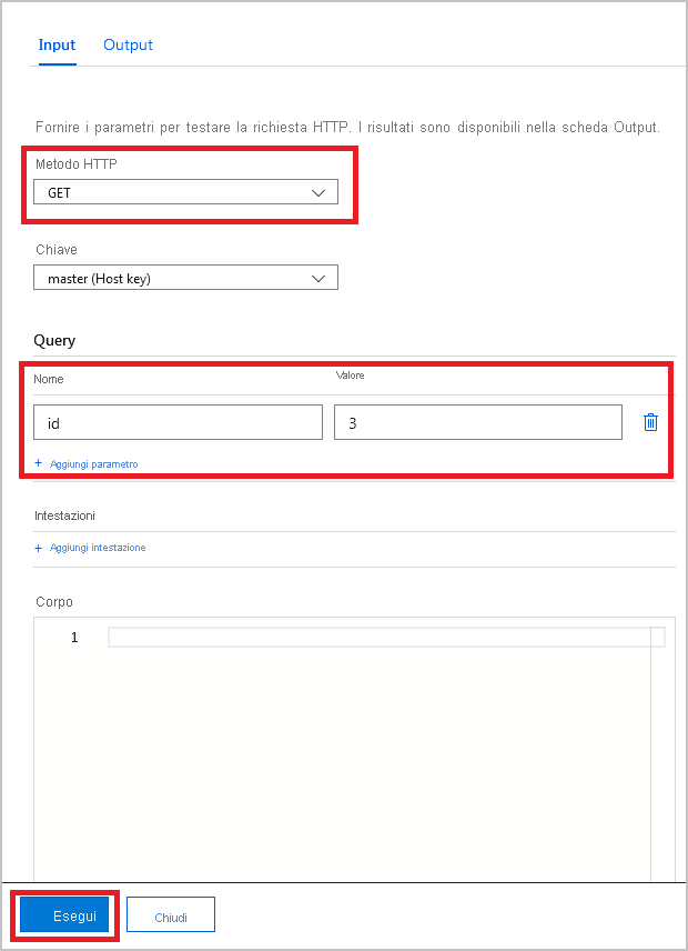 Screenshot del riquadro di input per Test ed esecuzione, con il parametro di input per il metodo HTTP GET evidenziato.