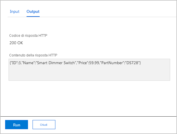 Screenshot dell'output di un riquadro per Test ed esecuzione con i risultati della risposta dell'esecuzione del metodo GET.