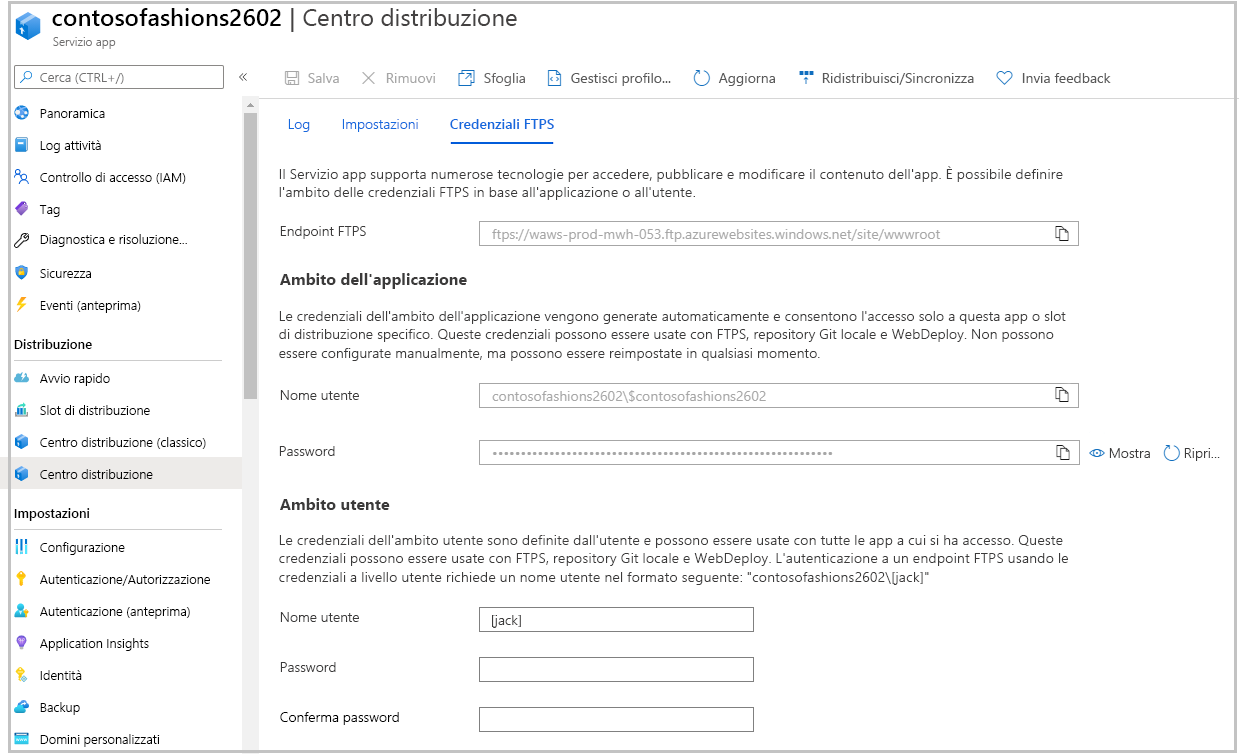 Screenshot del riquadro del Centro distribuzione del servizio app che mostra la scheda Credenziali FTPS.