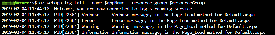 Screenshot del riquadro del flusso di log live nel portale di Azure che mostra l'output del contenitore di log dell'app.