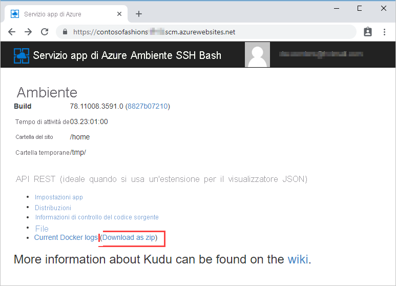 Screenshot della pagina dell'ambiente utente di Kudu con un callout che evidenzia il collegamento per scaricare un file ZIP contenente i log di Docker correnti.