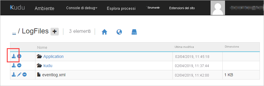 Screenshot dell'interfaccia utente di Kudu che visualizza un elenco di file e cartelle con un'evidenziazione accanto all'icona di download per la cartella Application.