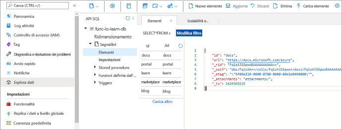 Screenshot dei dati dell'API SQL che mostra la raccolta di elementi nel contenitore di segnalibri di func-io-learn-db.