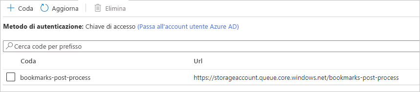 Screenshot che mostra le code ospitate da questo account di archiviazione.