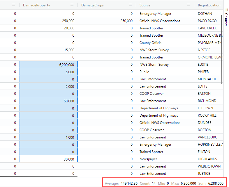 Screenshot che mostra il riepilogo statistico delle celle intere selezionate.