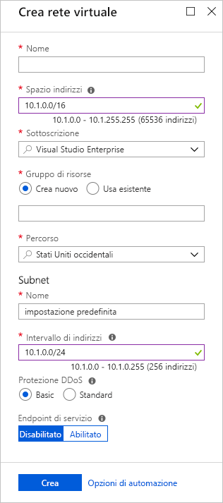 Screenshot of the Azure portal showing an example of the Create virtual network pane fields.