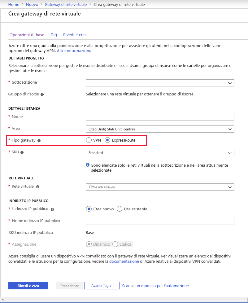 Screenshot of creating a virtual network gateway with the gateway type set to ExpressRoute.