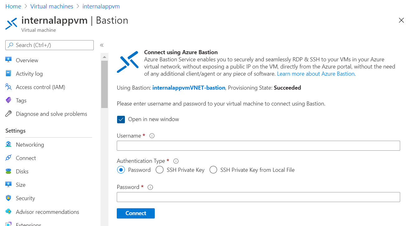 Screenshot della pagina di Azure Bastion in cui viene chiesto di immettere il nome utente e la password per la VM.