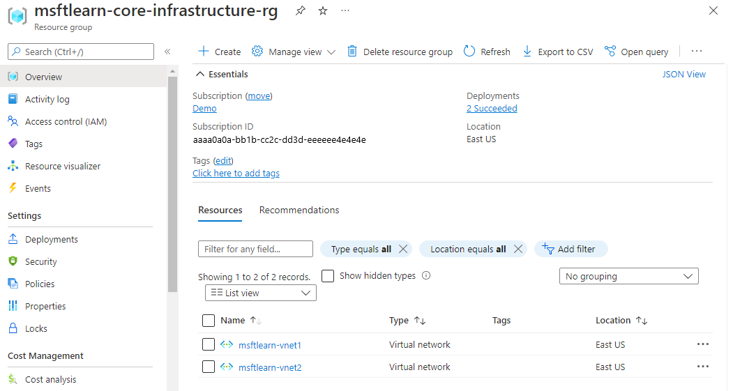 Screenshot del portale di Azure che mostra la panoramica del gruppo di risorse contenente due risorse rete virtuale.