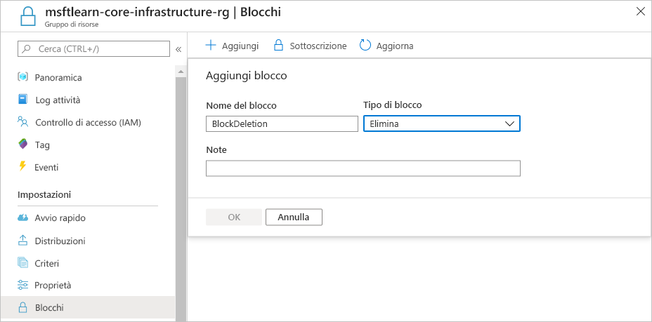 Screenshot of Azure portal showing a new delete resource lock being configured.