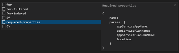 Screenshot di Visual Studio Code che mostra l'opzione per eseguire lo scaffolding di un modulo con le proprietà obbligatorie.