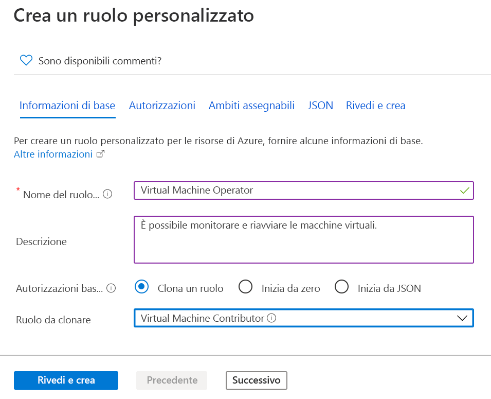 Screenshot del pulsante di opzione Clona il ruolo selezionato e Collaboratore Macchina virtuale come ruolo da clonare.