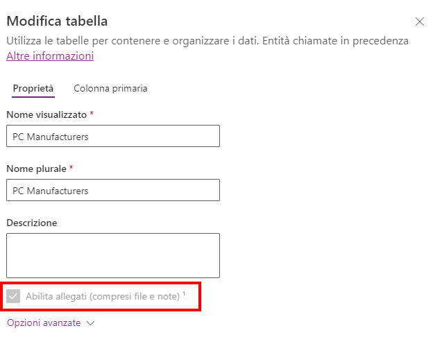 Screenshot del pulsante Salva tabella per consentire l'uso degli allegati.