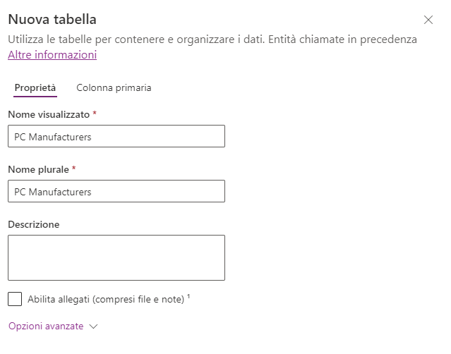 Screenshot dei valori Nuova tabella con il pulsante Crea.