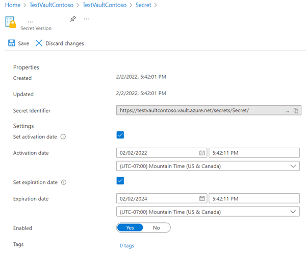 Screenshot che mostra come impostare una data di scadenza per un segreto di Key Vault.