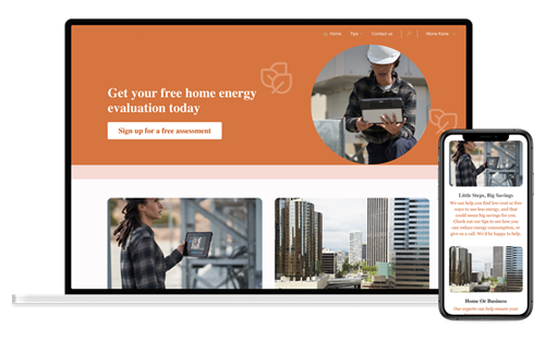 Screenshot di un sito Power Pages di esempio visualizzato sia sul Web che su dispositivo mobile.