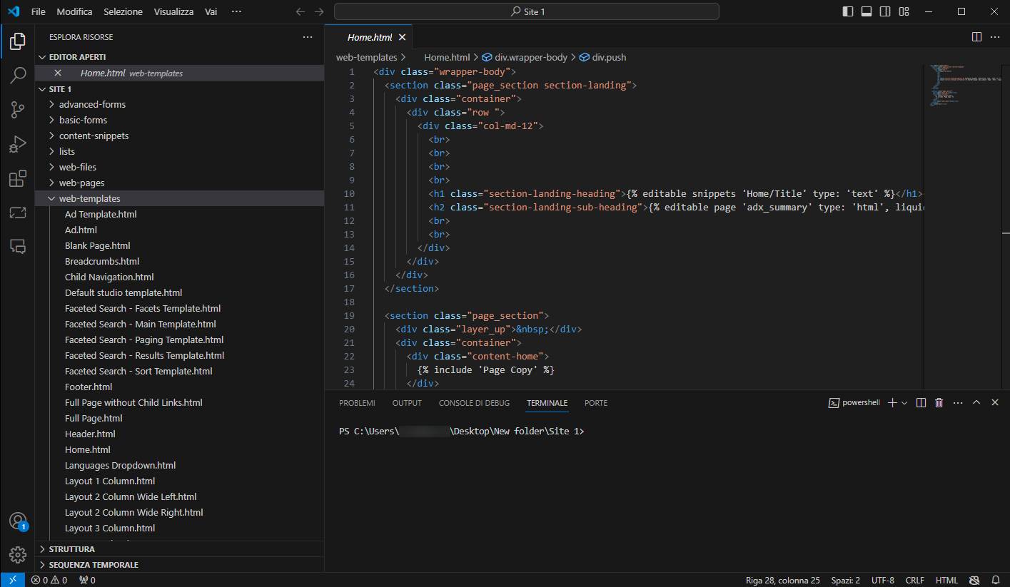 Screenshot di Visual Studio Code per lo sviluppo di un sito Web più complesso in collaborazione con uno sviluppatore professionista.