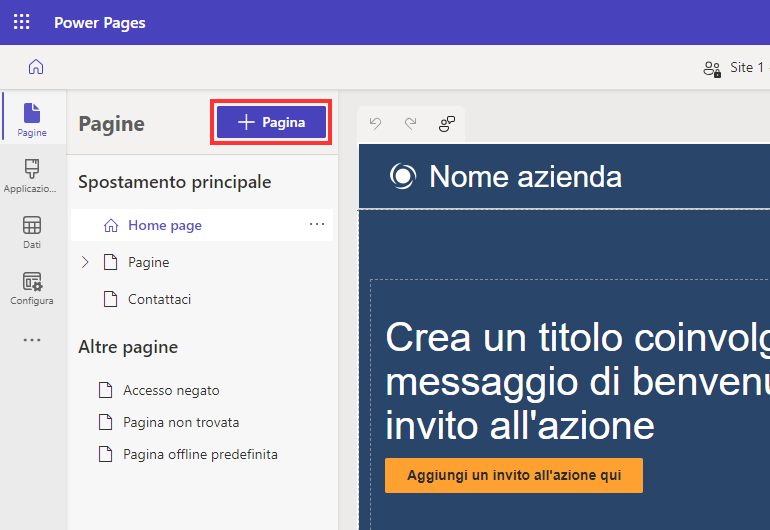 Screenshot del pulsante che permette all'utente di aggiungere una nuova pagina all'interno della finestra di progettazione.