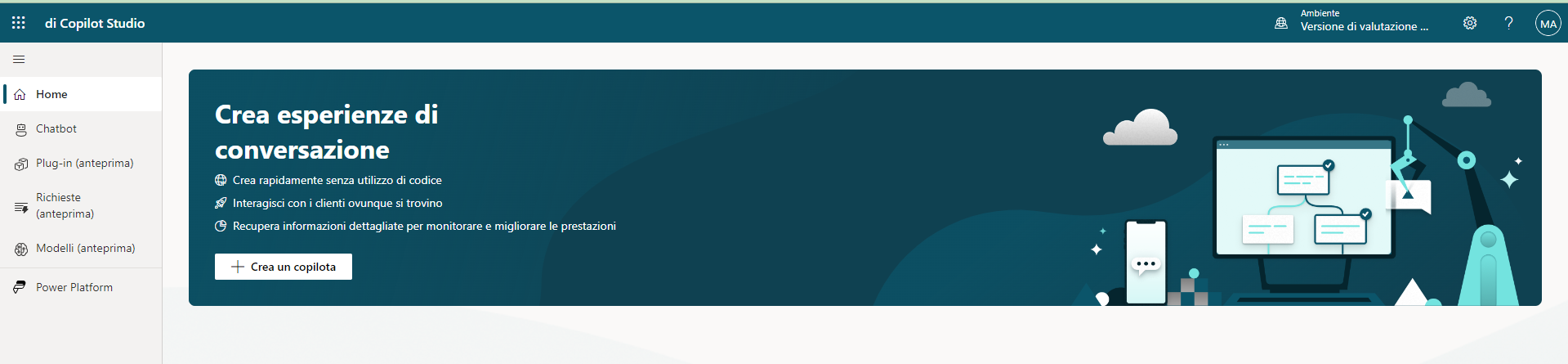 Uno screenshot che mostra la schermata iniziale di Copilot Studio.