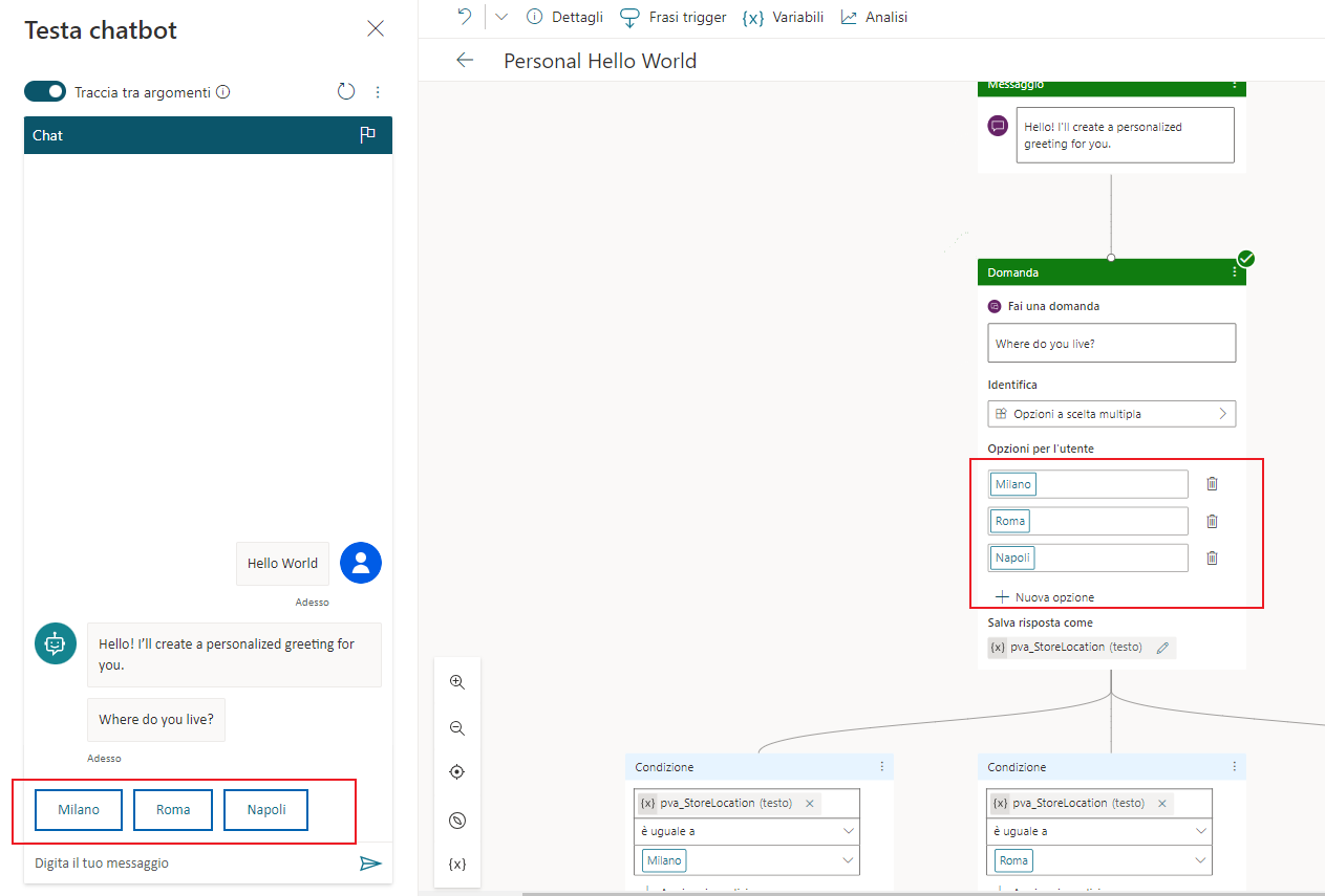 Screenshot di Tieni traccia della conversazione in Microsoft Copilot Studio.