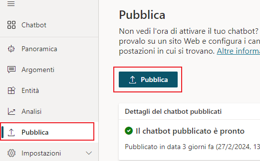 Screenshot di come distribuire il bot al sito Web demo.