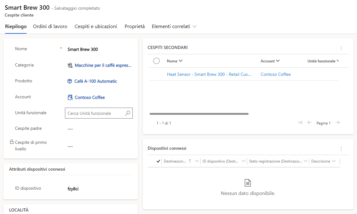 Screenshot di un cespite cliente di esempio inserito in Dynamics 365 Field Service.