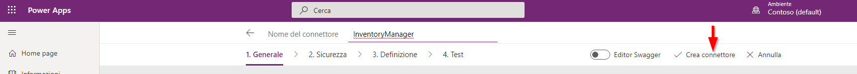 Crea connettore nella scheda Generale del connettore personalizzato