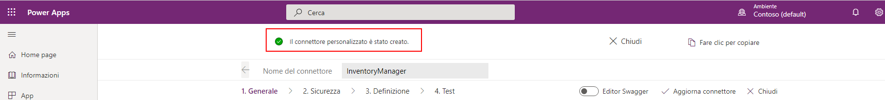 Connettore creato nella scheda Generale del connettore personalizzato