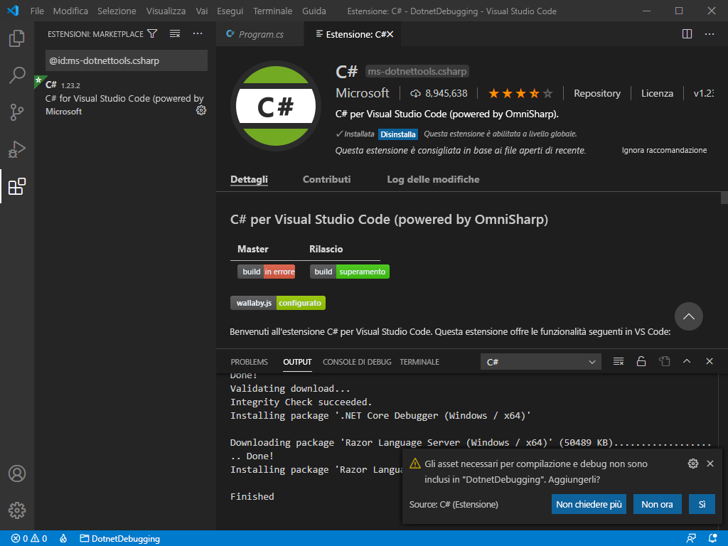 Screenshot della richiesta di Visual Studio Code di aggiungere asset necessari per compilare ed eseguire il debug del progetto .NET.